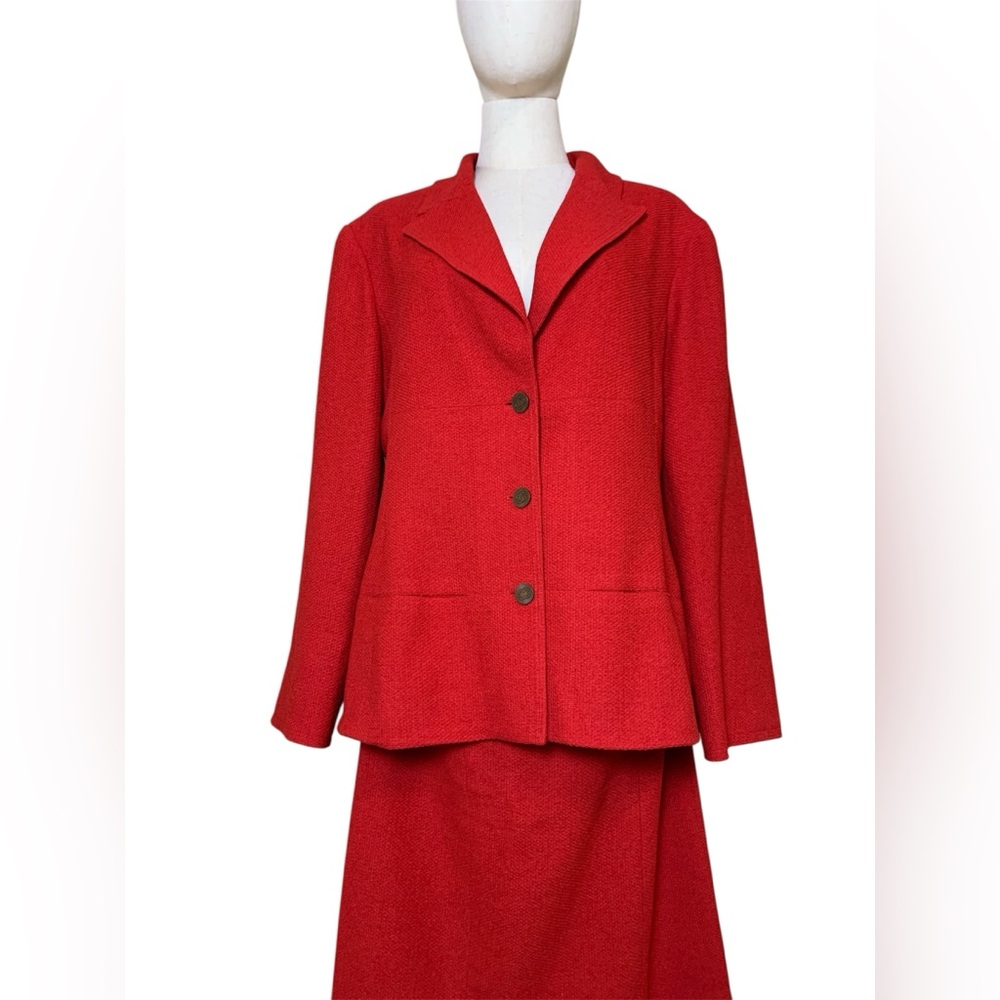 Vintage CHANEL Red Tweed 2-Piece Jacket Skirt Set Size 46 1998 Wool Blend